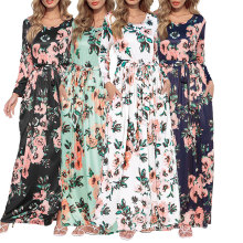 in stock fashion Round Neck printed floral long sleeve wholesale maxi women dresses